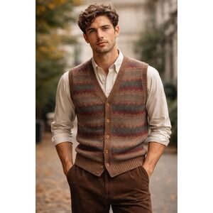 Vintage Blencraig Scotland 100% Wool Fair Isle Sweater Vest Brown Preppy Grandpa